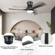 52-inch black flush mount ceiling fan with LED light, solid wood blades, and remote control for living room or bedroom.